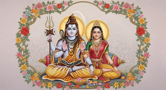 Shiva and Parvati: Hindu Gods in Floral Frame