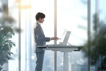A businessman uses a standing desk and laptop in a modern office with a city view.