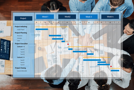 A comprehensive view of project management featuring a Gantt chart, showcasing team collaboration, task assignments, and weekly planning for effective execution and progress tracking. Amity