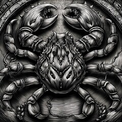 A black and white drawing of a crab