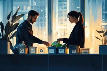 A couple sorts recycling in their modern apartment, bathed in warm sunset light.
