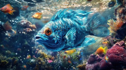 Fototapeta premium Captivating turquoise fish swims through vibrant coral reef waters, surrounded by bubbles and other colorful fish.