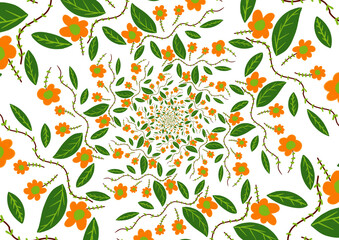 A swirling, hypnotic pattern of orange flowers and green leaves on a white background, creating a vibrant, dizzying floral design.