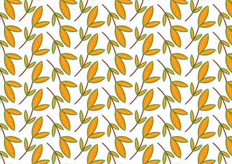 A seamless pattern features stylized orange leaves on branches.