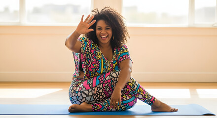 Happy Plus Size Woman Waves on Yoga Mat
