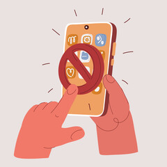 Cartoon vector illustration of a hand rejecting a phone with a like icon as a metaphor for digital detox and social media break
