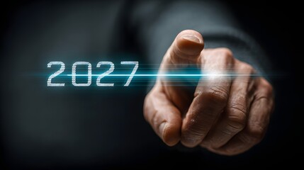 2027 Digital Future: Man Touching Futuristic Holographic Display