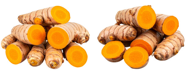  Whole Fresh Turmeric Roots with Cut Cross-Section, Isolated on Transparent Background PNG
