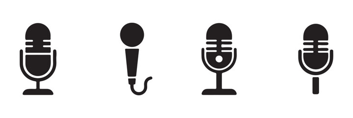 Different microphone collection. Podcast mike, journalist microphone, karaoke, conference. Thin line microphone pictogram. Voice record mike icon in black. eps 10