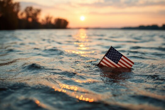 A small American flag floating in the water at sunset