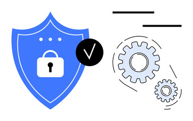 Blue shield with lock, checkmark, and technical gears symbolizing cybersecurity, data protection, workflow security, system reliability, privacy assurance, compliance and process efficiency. Simple
