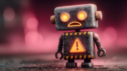 Sad Robot with Warning Sign: AI Safety Concept