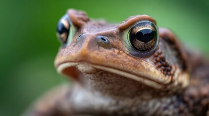  A close up of a toad's face with a green background