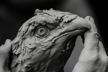 A grayscale close-up of a clay bird sculpture, meticulously detailed, held gently in hands.