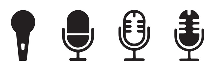 Different microphone collection. Podcast mike, journalist microphone, karaoke, conference. Thin line microphone pictogram. Voice record mike icon in black. eps 10