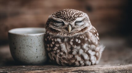 Obraz premium A small owl sitting next to a cup of coffee