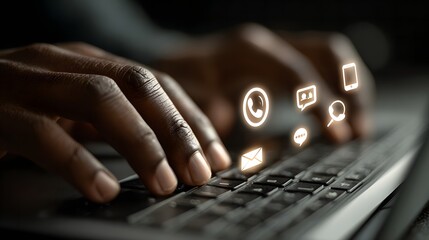 Digital Interaction: Close-up of Typing with Contact Icons Overlay
