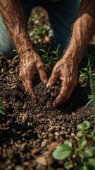 Fototapeta premium Close up of weathered hands working dark soil in a garden with green plants around the edges of the frame