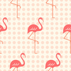 Flamingos vector seamless pattern. Tropical pink flamingo birds on light dotted background. Cute monochrome retro summer surface design. Exotic wildlife repeat tile for fabrics, wallpaper, fashion