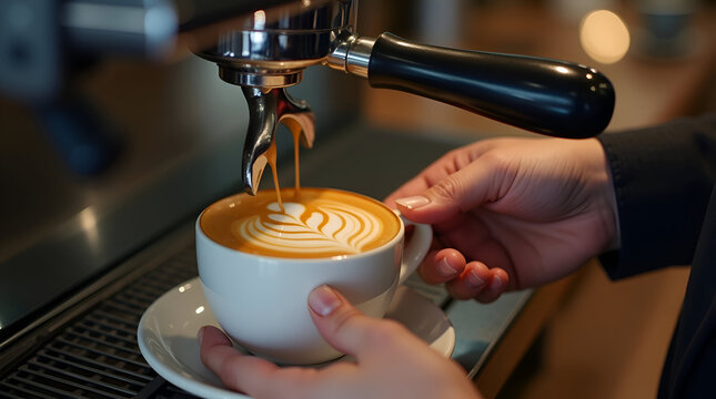 Close-Up of Barista Pouring Espresso and Creating Latte Art on Coffee in Contemporary Cafe