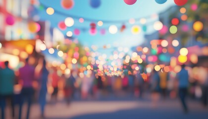Obraz premium Vibrant Atmosphere At A Downtown Street Festival With People Enjoying Festivities, Decorations, And Lively Activities Creating Energetic Vibes.