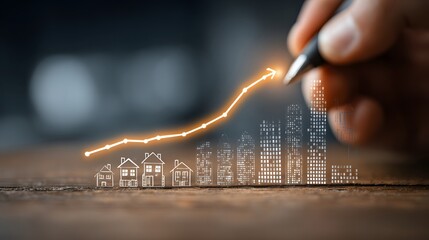 Real Estate Growth: Upward Trend Graphic with Hand-Drawn Houses