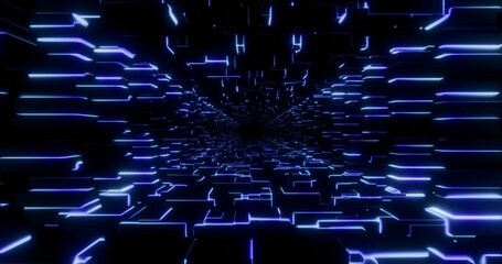 Futuristic glowing neon waving rotate cube background. Shining geometric blue lines inside corridor in perspective. Bright retro digital cyberspace. 3D rendering.