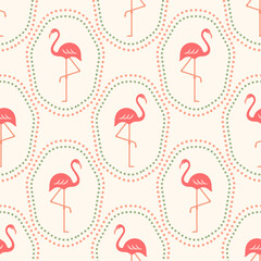 Flamingos vector seamless pattern. Cute bright pink tropical flamingo birds in dotted frames on light background. Exotic retro summer repeat surface design for fabrics, wallpaper, fashion, wrapping