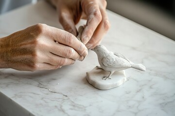 A sculptor's hands carefully mold clay, crafting a delicate bird figurine.