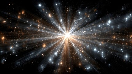 Sparkling Light Rays: Golden and Silver Starburst on Black Backdrop