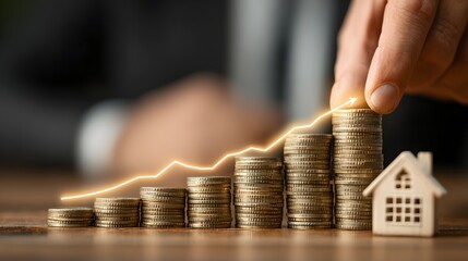 Rising Real Estate Value Concept: Stack of Coins and House Model with Growth Arrow