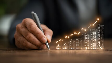 Real Estate Market Growth: Pen Drawing Upward Graph on House and Building Icons