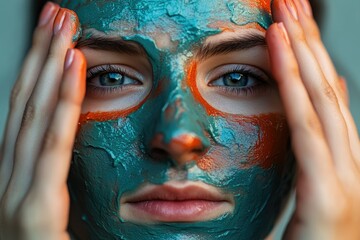 Woman with teal and orange clay mask on her face, gently touching it with her hands.