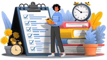 Illustration: Woman with Checklist, Clock, and Books for Productivity and Time Management