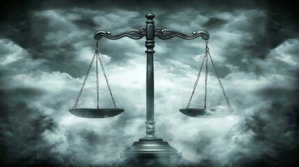 Justice scale against stormy sky