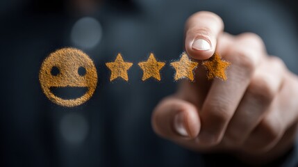 Online Customer Feedback: Hand Selecting Four Star Rating with Smiling Face