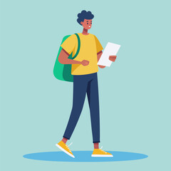 Smiling cartoon businessman or student holding a clipboard, working in an office or on a construction job