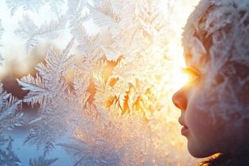A child's face is seen through a frosty window pane, backlit by a warm winter sun.