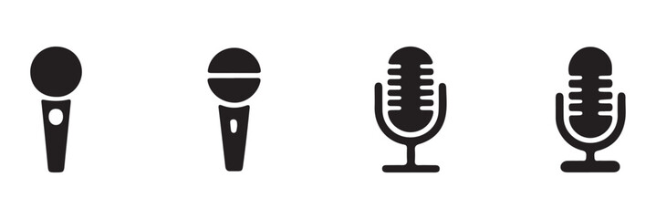 Different microphone collection. Podcast mike, journalist microphone, karaoke, conference. Thin line microphone pictogram. Voice record mike icon in black. eps 10