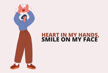 Cartoon vector illustration of a person holding a heart with a smile as a metaphor for emotional giving and genuine happiness