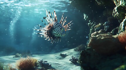Obraz premium Underwater lionfish swimming near coral reef Ocean wildlife scene sea underthesea