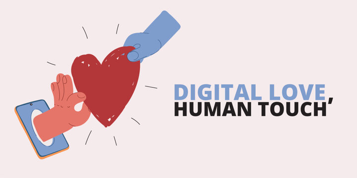 Cartoon vector illustration of a heart and finger as a metaphor for the balance between digital connection and human emotion