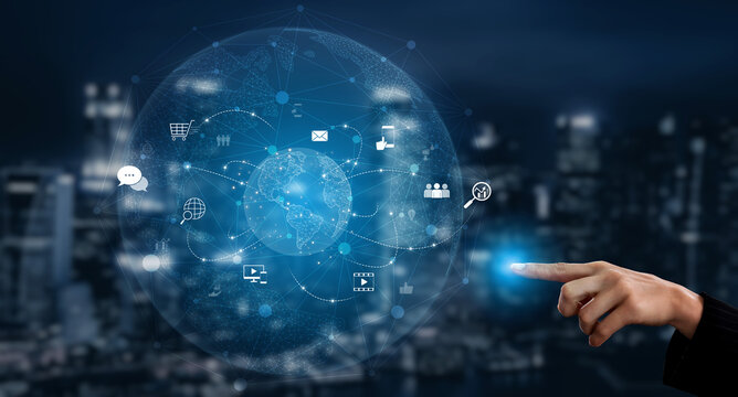 Visualization of global digital communication and online across multiple platforms, including global network, digital network, communication network, and online network. Vouch - Powered by Adobe