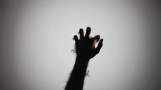 A haunting slow-motion depiction of a zombie hand silhouette rising against a stark white background.