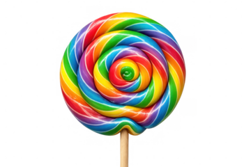 Vibrant spiral lollipop resting on wooden stick, translucent backdrop highlighting sugary confectionery design and playful sweetness