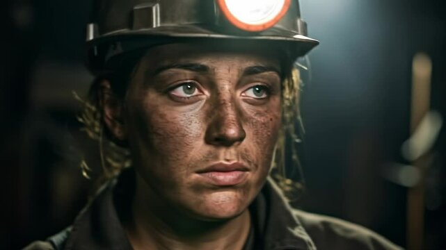 Close up portrait of a determined female miner with dirty face wearing a hardhat