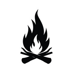 Black silhouette of a campfire with crossed logs on a white background