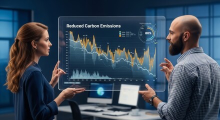 Two professionals discussing sustainable stock trends on digital screens