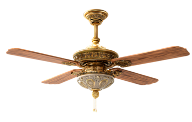 A ceiling fan with five wooden blades and an ornate gold base, isolated on a transparent background