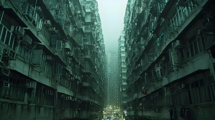 Dense, towering apartment buildings in a narrow city street, shrouded in mist.  The buildings, filled with many windows, and laundry, create a claustrophobic atmosphere